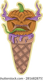 A spooky jack-o-lantern with a monstrous face sits atop a melting ice cream cone