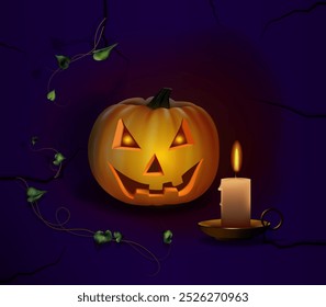 Abóbora Jack-o-lanterna assustadora acesa por vela em castiçal dourado. Fundo de pedra roxo escuro com rachaduras e hera na sombra. Halloween.Espaço para texto