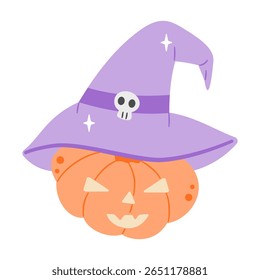 Spooky jack-o'-lantern wearing a witch hat with a skull, isolated on white. Perfect for Halloween designs