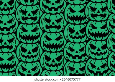 Jack-o'-lanternas assustadoras com vários rostos assustadores em verde vibrante formam um padrão de Halloween sem costura. Perfeito para desenhos misteriosos e brilhantes.