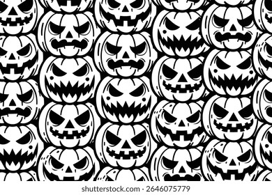 Spooky jack-o'-lanterns with various scary faces in black and white form a seamless Halloween pattern. Perfect for gothic designs.
