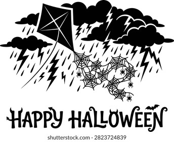 Spooky kite with web tail and thunderstorm in night sky design.