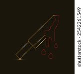 A spooky knife dripping with blood. Neon Bloody Knife. Murder, criminal, kitchen knife. Murder weapon. Crime and murder. Meat cutting. Chilling atmosphere. Horror-themed. Haunted scenes. Eerie visual.