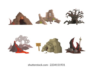 Spooky Landscape Elements with Scary Cave, Volcano with Lava, Dry Bare Tree, Ruins and Rock Vector Set