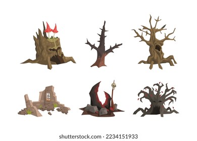 Spooky Landscape Elements with Scary Stump with Mushrooms, Dry Bare Tree, Ruins and Rock Vector Set