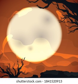 Spooky landscape view with full Moon, branches of dead trees, mist and ghosts.