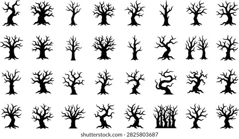Spooky leafless trees, dead forest, dark wood silhouettes.