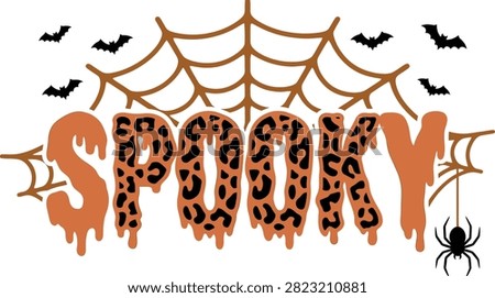 Spooky leopard print text design with spider webs and bats for a festive halloween tshirt vector graphic for holiday apparel printing