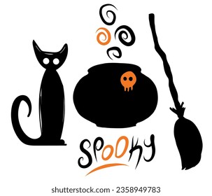 Spooky lettering, cauldron, cat, broom on white background. Festive inscription for banner. Halloween poster, greeting card, party invitation. Vector illustration.