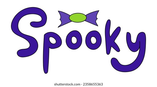 Spooky lettering design with candy on white background. Halloween text. Vector flat illustration.