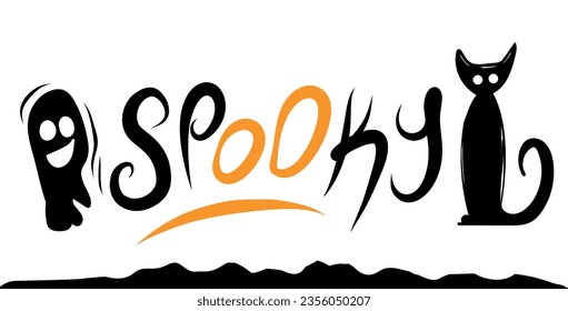 Spooky lettering, ghost and cat on white background. Festive inscription for banner. Halloween poster, greeting card, party invitation. Vector illustration.