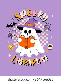 Spooky Librarian Ghost – Cute Halloween Book Illustration with Witch Hat and Webs.Playful Halloween-themed illustration of a ghost reading a book in a witch hat, surrounded by spiderwebs, skulls, star