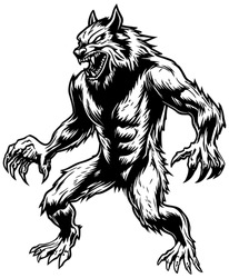 Spooky Line Art Illustration Of Fierce Werewolf On White Background.