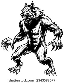 Spooky line art illustration of fierce werewolf on white background.