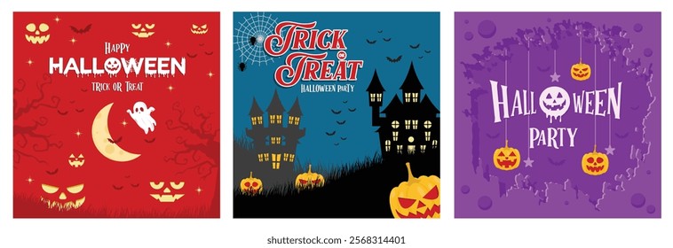 Spooky lit pumpkin with ghosts and bats. Scary old house. Fun Halloween party. Halloween Party Concept. Set flat vector illustration.