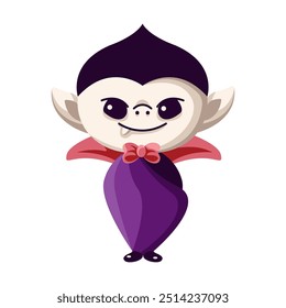 Pequeño vampiro espeluznante envuelto con la Ilustración vectorial plana del color de la capa. Niño en el icono del personaje de Halloween del traje del monstruo en el fondo blanco