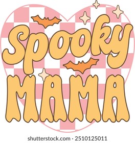 Spooky Mama Typography Retro Style with Love Checkerboard Pattern and Bat icon. perfect for t-shirt, poster, sticker, cards