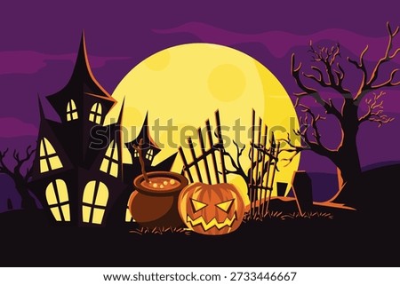 spooky mansion silhouette, cauldron, pumpkin, purple night sky