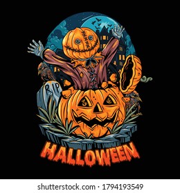 spooky masked man comes out of a pumpkin on halloween night. editable layers vector