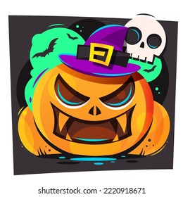 spooky masked man comes out of a pumpkin on halloween night. editable layers vector