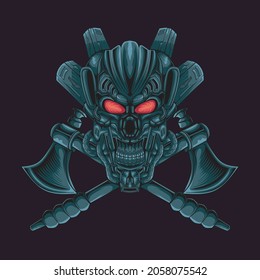 Spooky mecha skull with ax mascot illustration, perfect for design of t-shirts, stickers, merchandise, etc