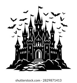 Spooky medieval castle with bats flying around towers and flags on a hill at night