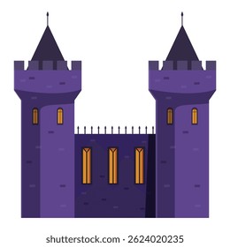 Spooky medieval castle with burning windows is standing at night