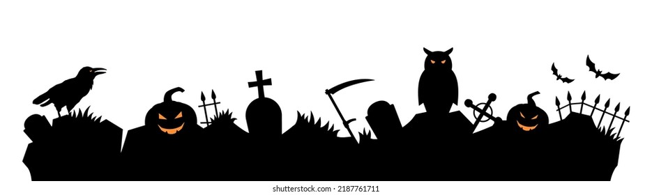 Spooky midnight graveyard. Horizontal vector banner for Halloween holiday. Silhouette of owl, pumpkins, crow etc.