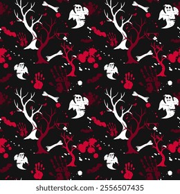 Spooky modern Halloween pattern on black background. Horror Happy Halloween seamless pattern with red handprint and paint splashes, dead tree and ghost. Red and white colours