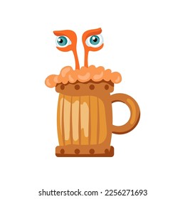 Spooky monster in beer mug vector illustration. Cartoon drawing of eyes of funny Halloween character in drink glass isolated on white background. Halloween, fantasy concept