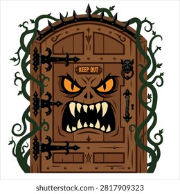 Spooky monster door with sharp teeth and glowing eyes wooden texture iron hinges thorny vines creepy halloween portal design isolated vector art flat graphic.