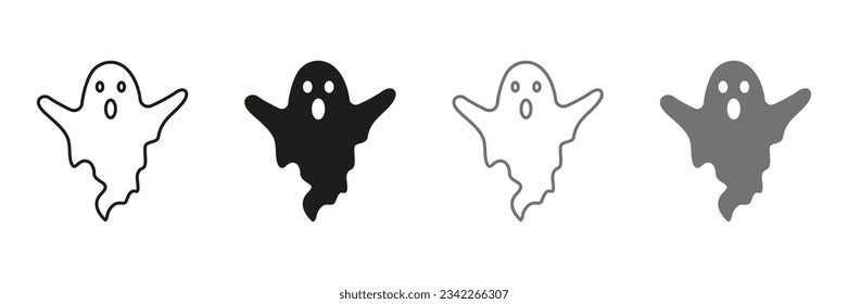 Monstruo espeluznante para la línea de Halloween y conjunto de iconos de silueta. Colección de símbolos de color y negro del Pictograma fantasma. Un Fantasma Oscuro De Halloween Bajo La Hoja. Ilustración de vectores aislados.