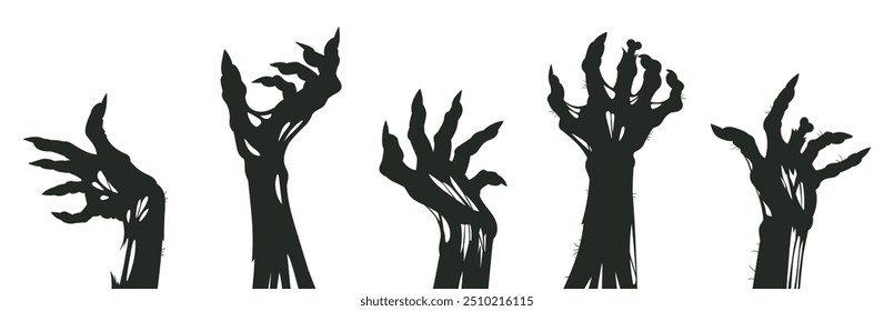 Afiche de armas de monstruos espeluznantes. Juego de Ilustración vectorial plana de siluetas de manos de zombi espeluznantes de Halloween. Horror espeluznante manos huesudas de halloween