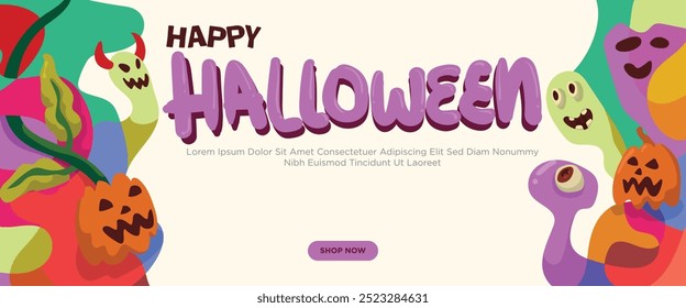 Spooky Monsters with Glowing Eyes concept. abstract geometric liquid form. monster halloween with hand drawn banner template vector illustration.