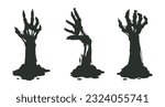 Spooky monsters scrawny hands. Cartoon bony zombie arms, Halloween creepy hands silhouettes sticking out of ground flat cartoon vector illustration set