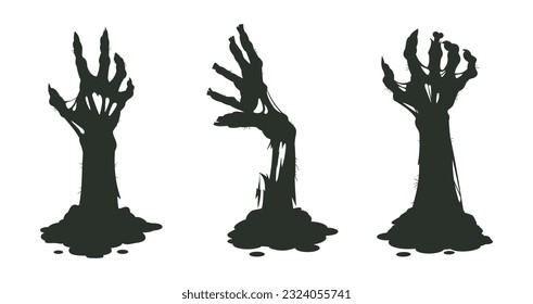 Spooky monsters scrawny hands. Cartoon bony zombie arms, Halloween creepy hands silhouettes sticking out of ground flat cartoon vector illustration set