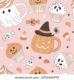 Spooky taza cupcake Vector de caramelo sin patrón. Halloween truco o trato de fondo.