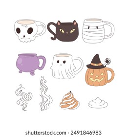 Spooky mug vector clip-art set isolated on white. Halloween cup illustration 