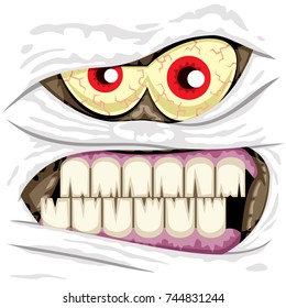 Spooky mummy face on white background.