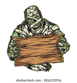 Spooky mummy holding blank wooden board in vintage style isolated vector illustration