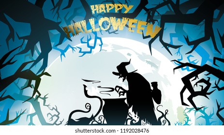 Spooky night background with full moon, scary trees and forest silhouettes. Halloween banner with copy space for greetings,for text promo or invitation to a party. Vector illustration