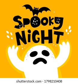 
spooky night. Cartoon ghost, bat, hand drawing lettering on a neutral background. Halloween. Colorful vector illustration, flat style. design for cards, print, poster
