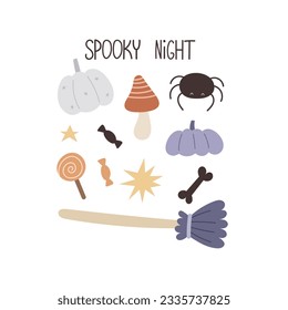 Spooky night. Cartoon set of Halloween items, hand drawing lettering, decor elements. Colorful vector illustration, flat style. design for cards, print, poster