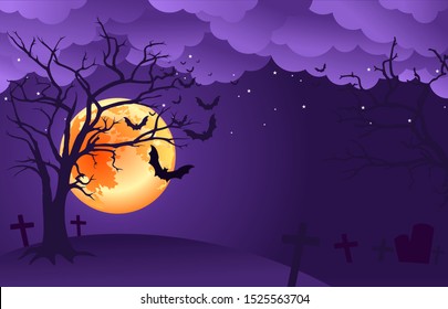 Spooky Night Clouds  Background With Orange Full Moon, Scary Trees And Bats Silhouettes. Vector Illustration.