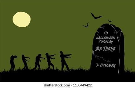 Spooky night with flocks of zombies walk toward the cemetery under full moon. Halloween vector illustration