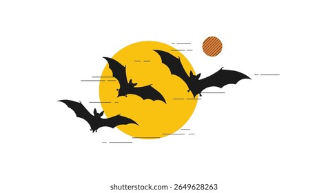 Spooky night with flying bats under the full moon and a distant planet