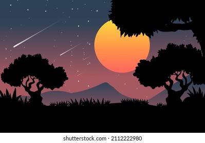 Spooky night forest background with full moon illustration