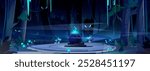 Spooky night forest landscape with glowing poison in witch cauldron on stone round platform, flying ghost with luminous eyes, tree trunks and vines, light up mushrooms and plants, fog in air.