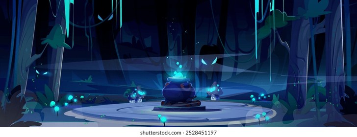 Spooky night forest landscape with glowing poison in witch cauldron on stone round platform, flying ghost with luminous eyes, tree trunks and vines, light up mushrooms and plants, fog in air.