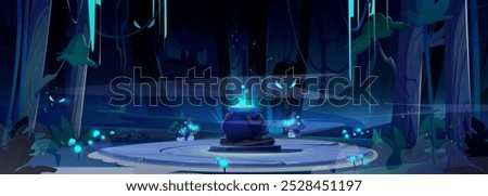 Spooky night forest landscape with glowing poison in witch cauldron on stone round platform, flying ghost with luminous eyes, tree trunks and vines, light up mushrooms and plants, fog in air.
